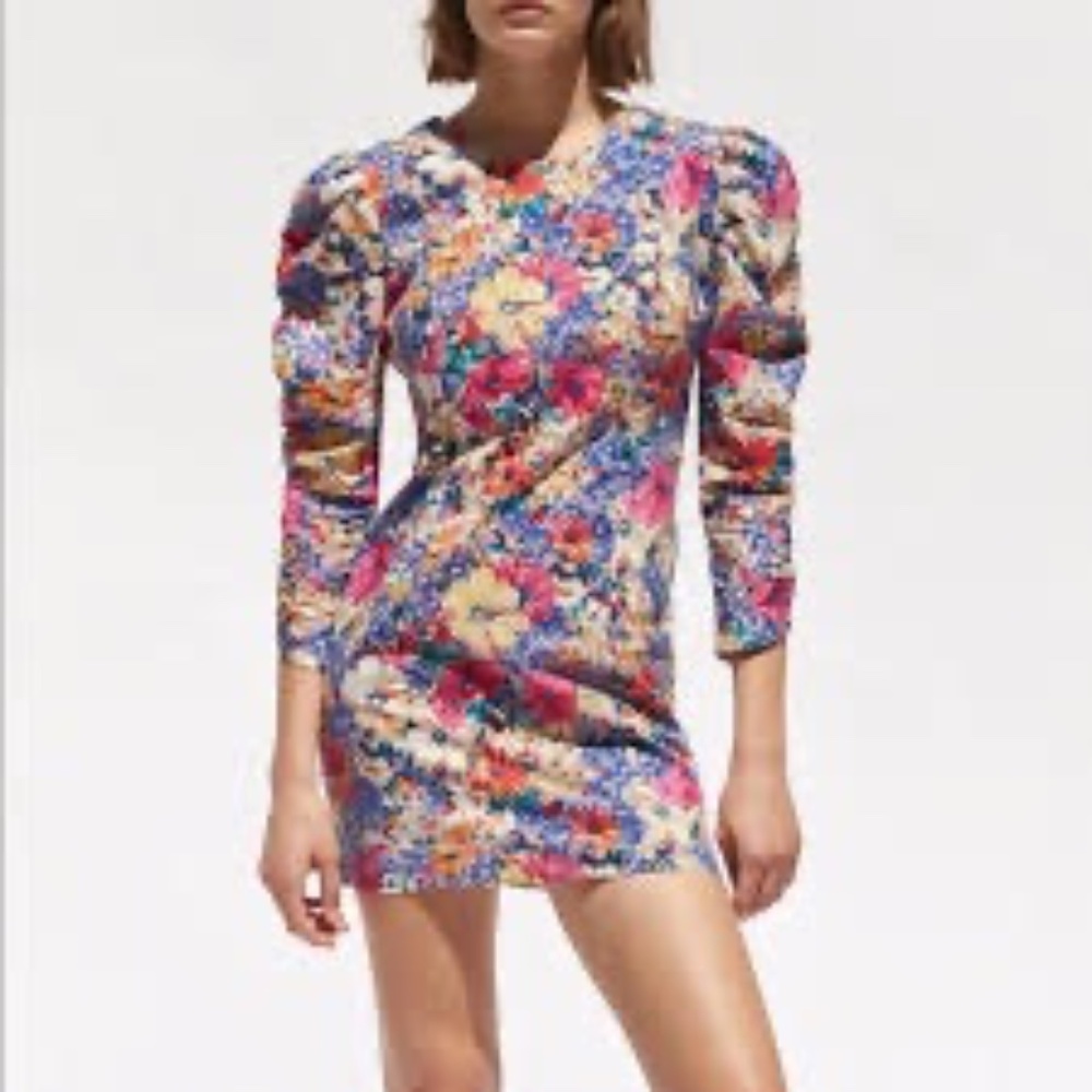 Zara The Frida Sheath Floral Bodycon Ruched Sleeve Mini Dress Sz XS